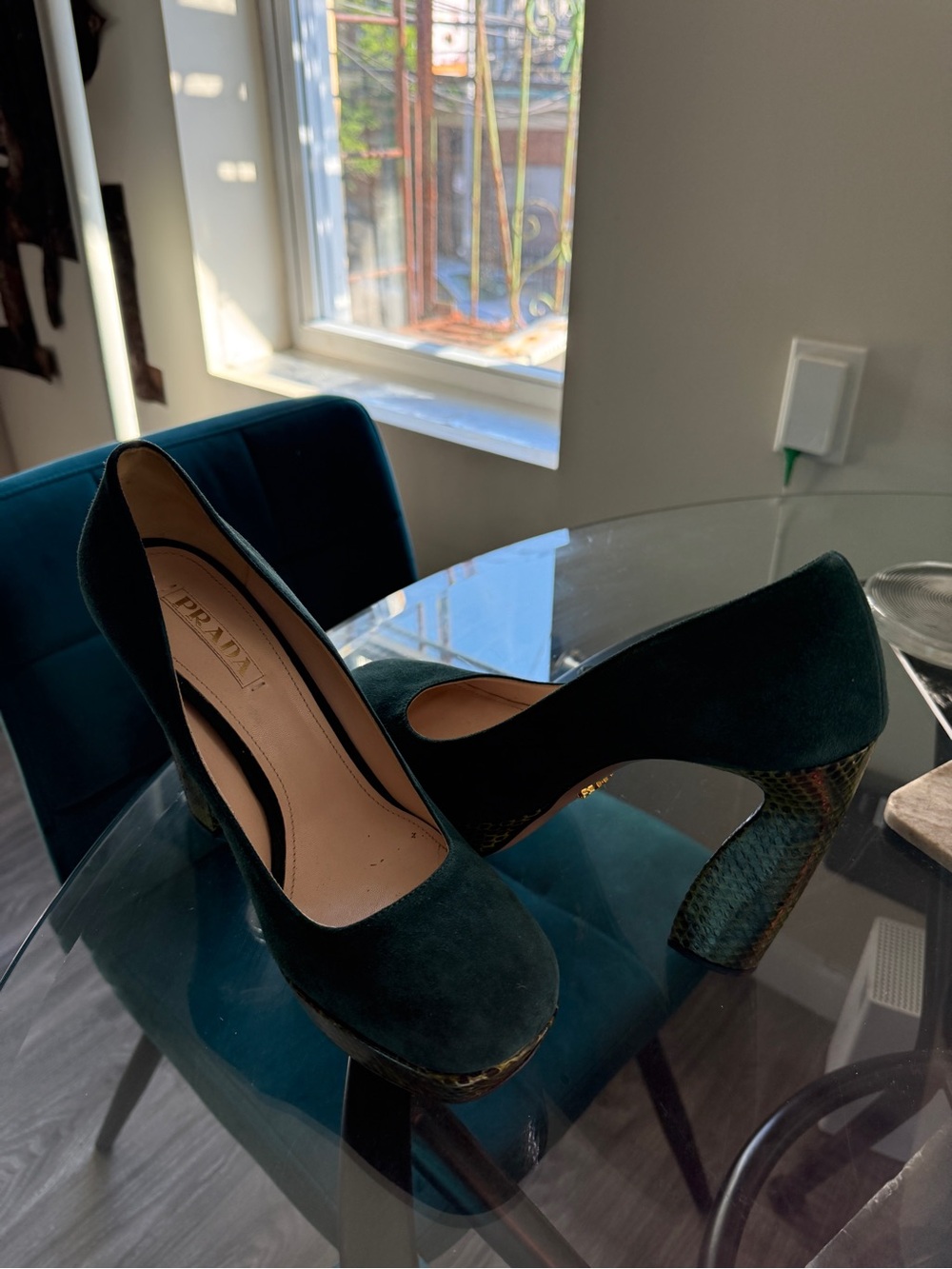 Prada Dark Green Suede Pumps with Olive Snake Textured Heel - Picture 6 of 8